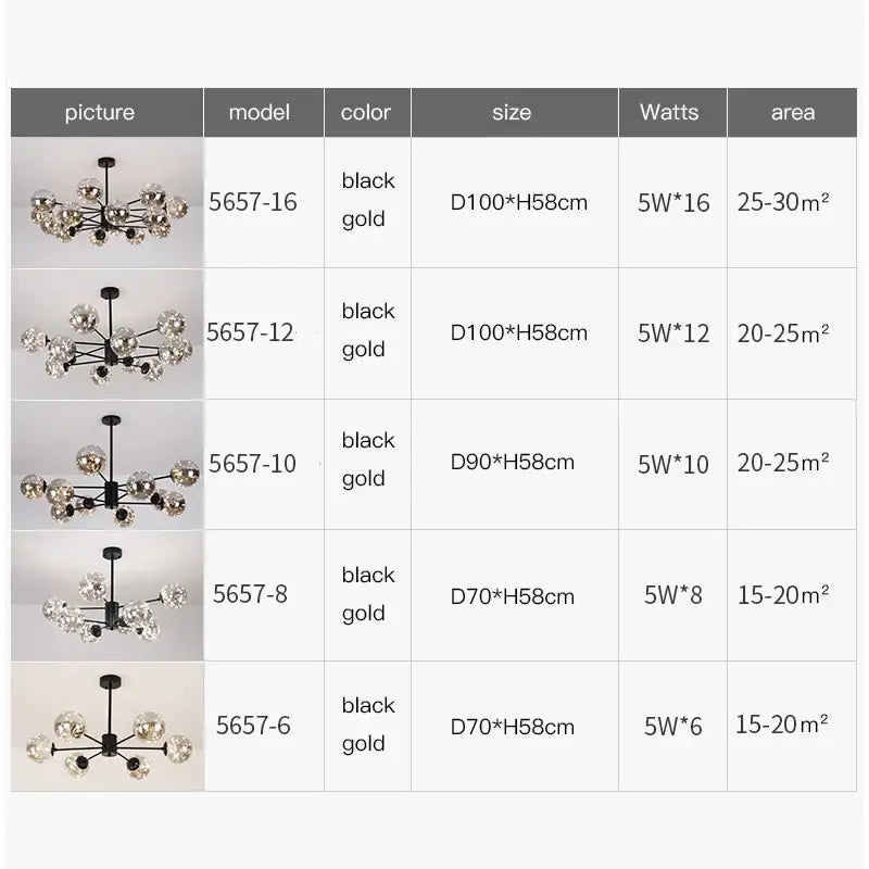 Decorbites luxury glass ball nordic chandelier in black and gold with spherical globes and dimmable warm light remote control