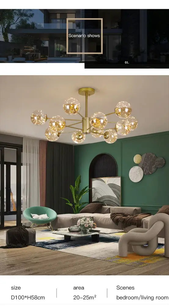 Gold-toned DecorBites luxury glass ball nordic chandelier with multiple globes and dimmable warm light remote control