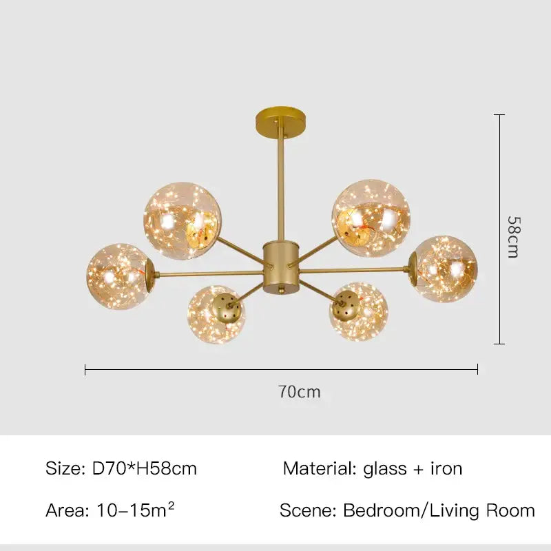 Gold-toned DecorBites™ luxury glass ball nordic chandelier with six dimmable warm light globes and remote control