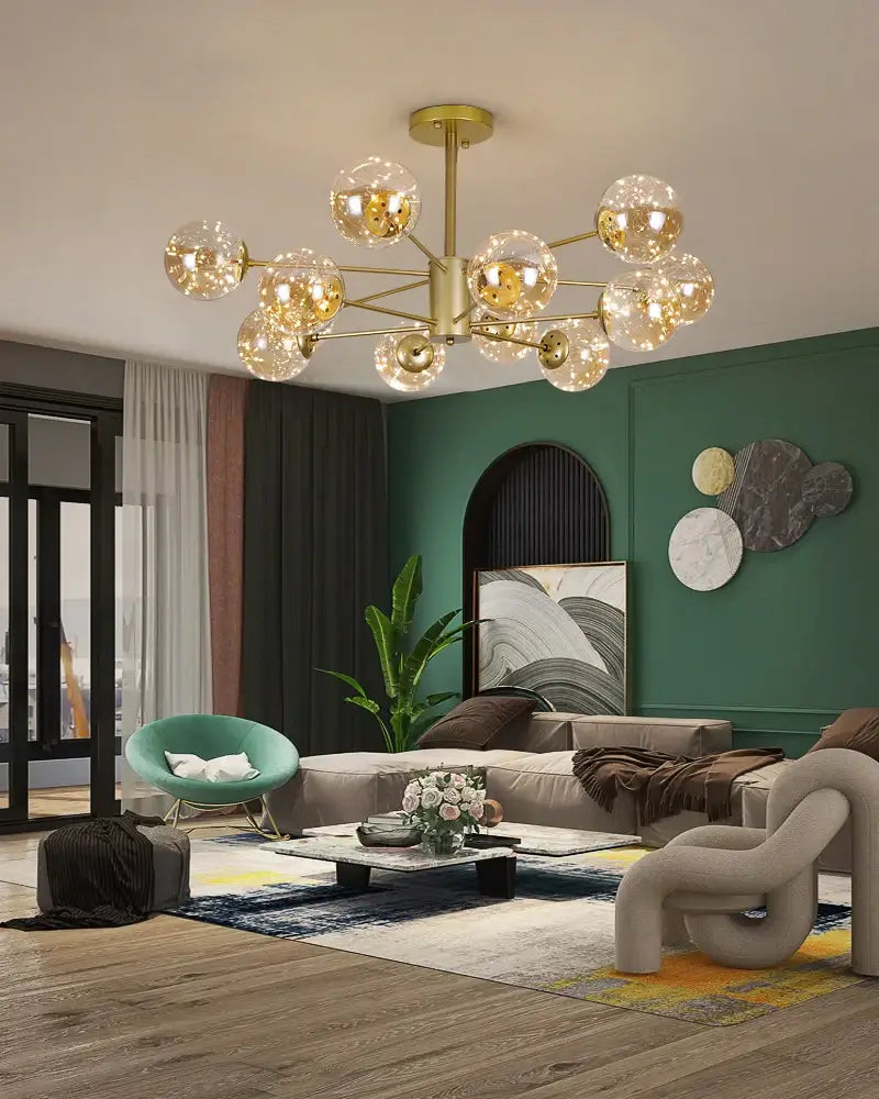 Gold-toned DecorBites™ luxury nordic chandelier with dimmable glass ball globes and warm light remote control feature