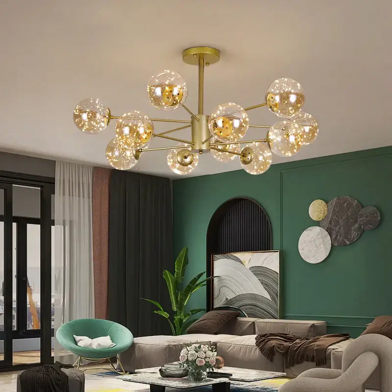 Gold-toned DecorBites™ luxury glass ball nordic chandelier with clear globes providing warm light and remote control dimming