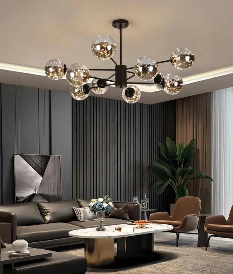 Modern decorbites™ luxury glass ball nordic chandelier with dark metal frame multiple spherical glass globes warm light dimmable with remote control