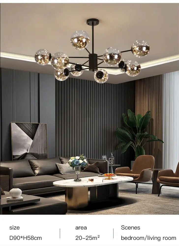 Modern decorbites luxury glass ball nordic chandelier with dimmable warm light and dark metal frame, remote control included