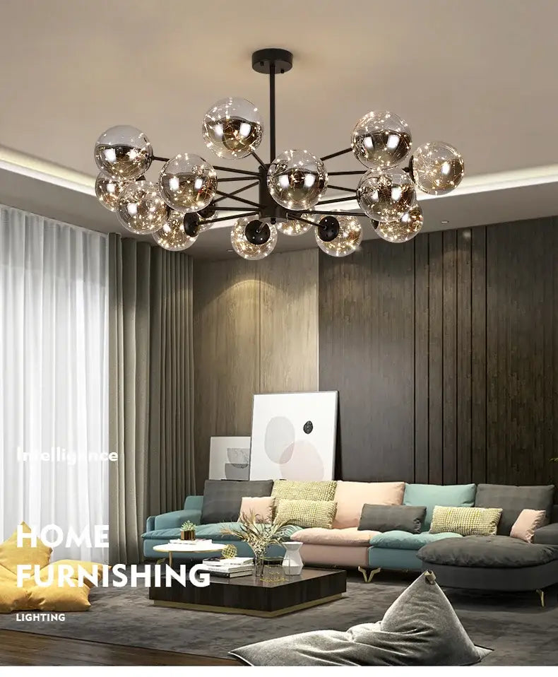 Modern DecorBites™ luxury glass ball nordic chandelier with black metal frame dimmable warm light remote control