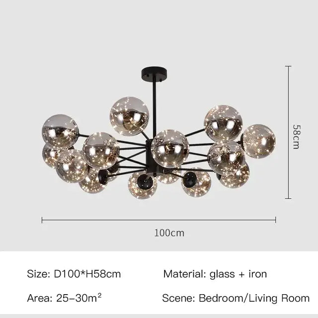 Modern black iron nordic chandelier with reflective silver glass ball spheres featuring warm light and remote control dimming