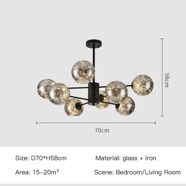 Modern black iron decorbites luxury glass ball nordic chandelier with frosted spheres and warm light dimmable by remote control