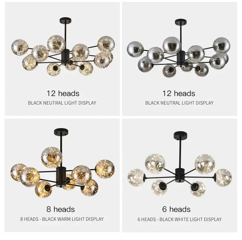 DecorBites™ luxury glass ball nordic chandelier with dimmable warm light and remote control on black frame
