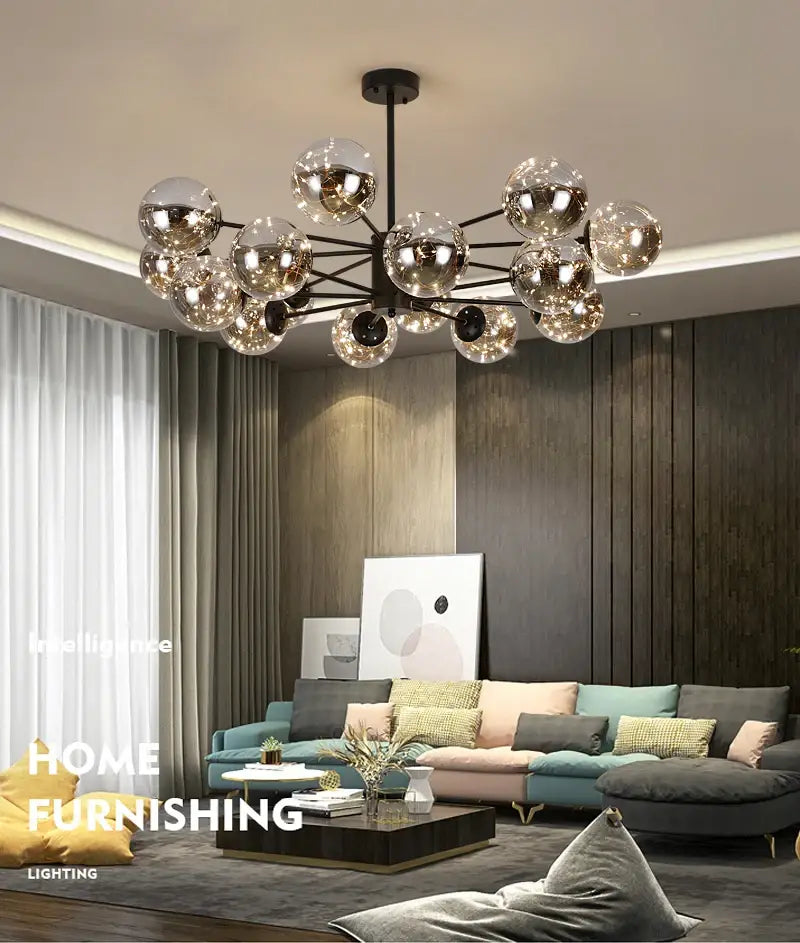 DecorBites™ luxury glass ball nordic chandelier with black metal frame, dimmable warm light, and remote control feature