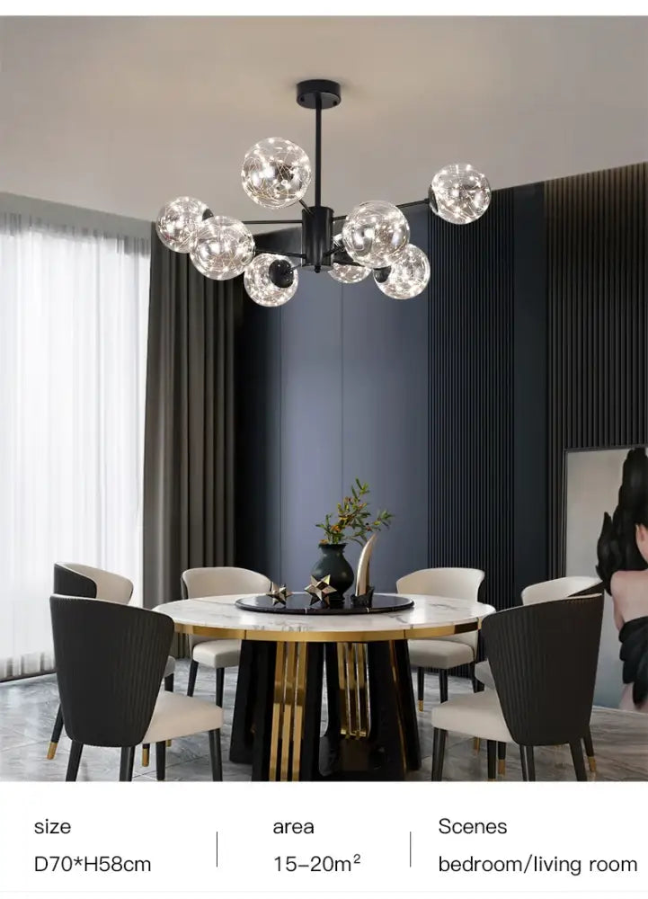 Modern black metal decorbites luxury glass ball nordic chandelier with multiple clear globe bulbs and warm light remote control
