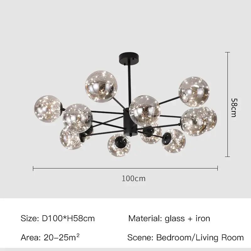 Modern black iron decorbites™ nordic chandelier with multiple glass balls emitting warm light and remote control dimmable features