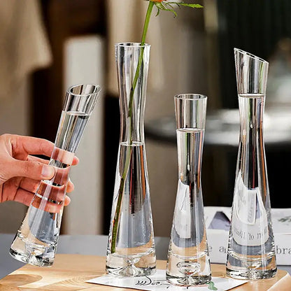 Decorbites™ luxury glass flower vase set featuring clear glass vases with sleek modern designs and varying heights