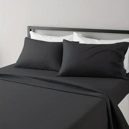 Black satin-like luxury bed sheet set by DecorBites with a smooth glossy finish ideal for hotel luxury use