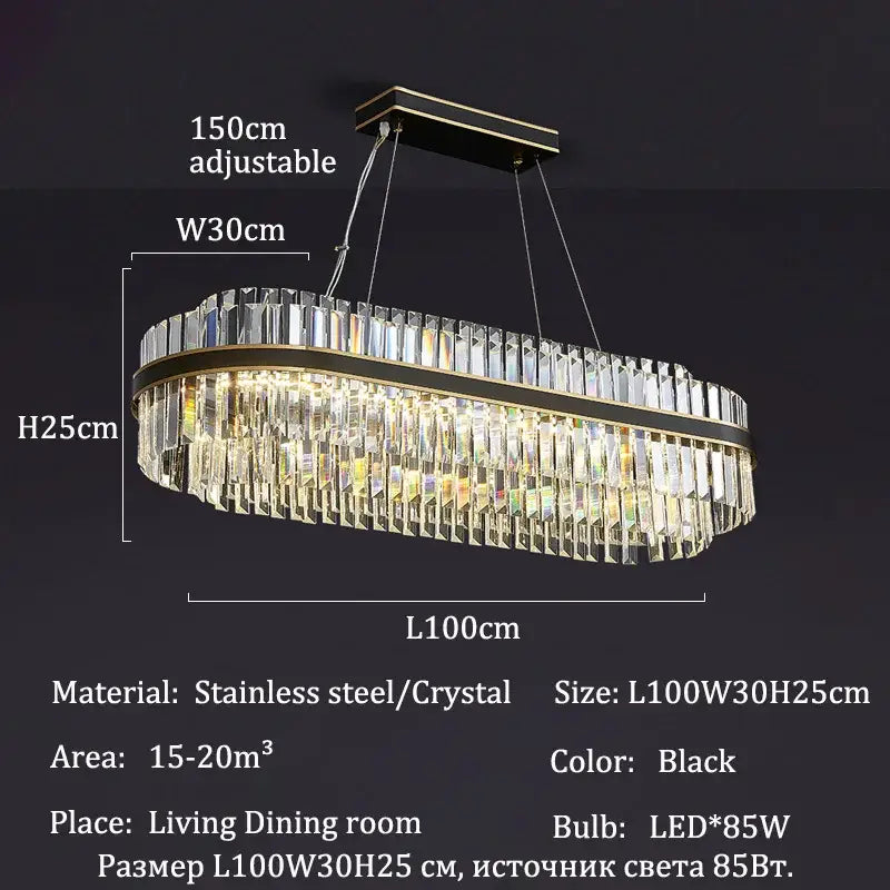 Black oval luxury led crystal chandelier with stainless steel frame and crystal prisms for elegant home decor
