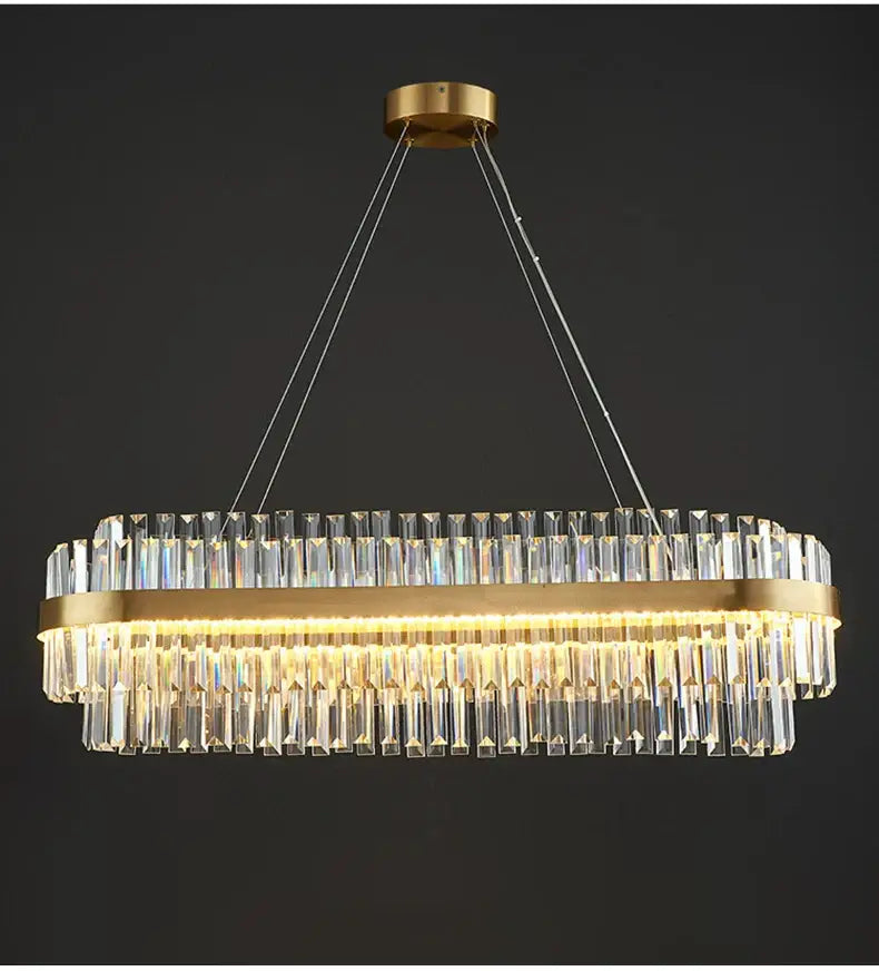 Gold-toned decorbites luxury led crystal chandelier with cascading clear crystal rods and warm led light strip for home decor