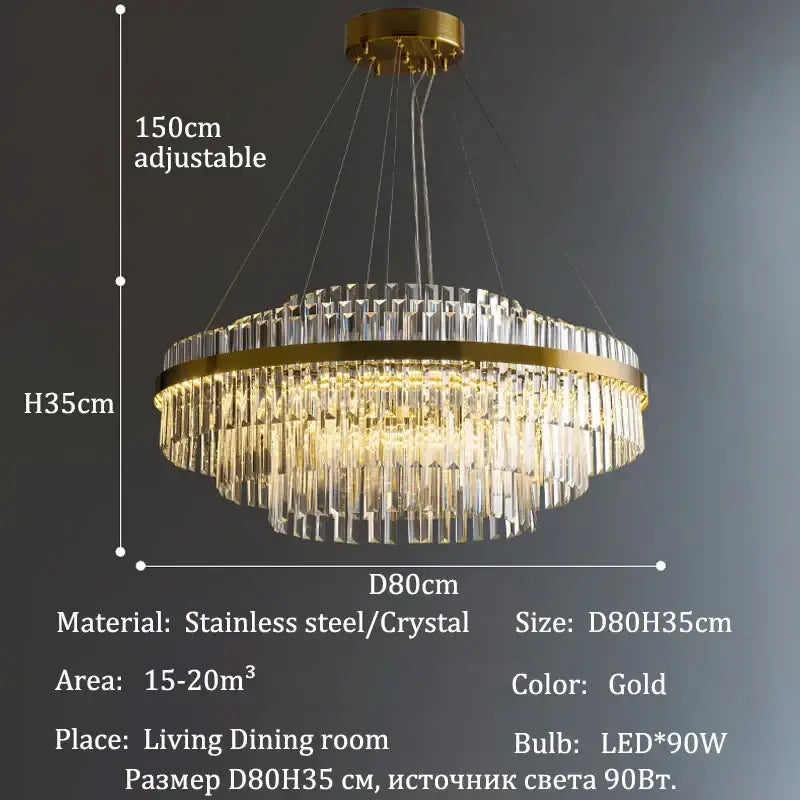 Decorbites luxury led crystal chandelier with gold-toned cascading crystal tiers and stainless steel frame for home decor
