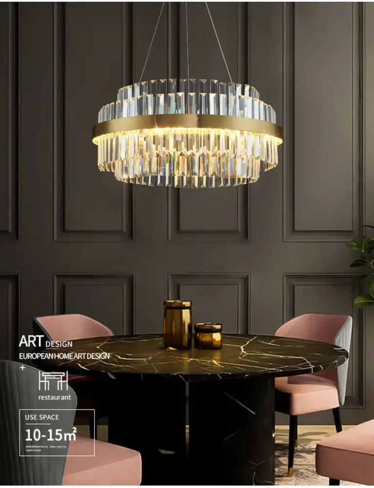 DecorBites™ luxury led crystal chandelier with gold-toned metal frame and cascading clear crystal prisms for home decor