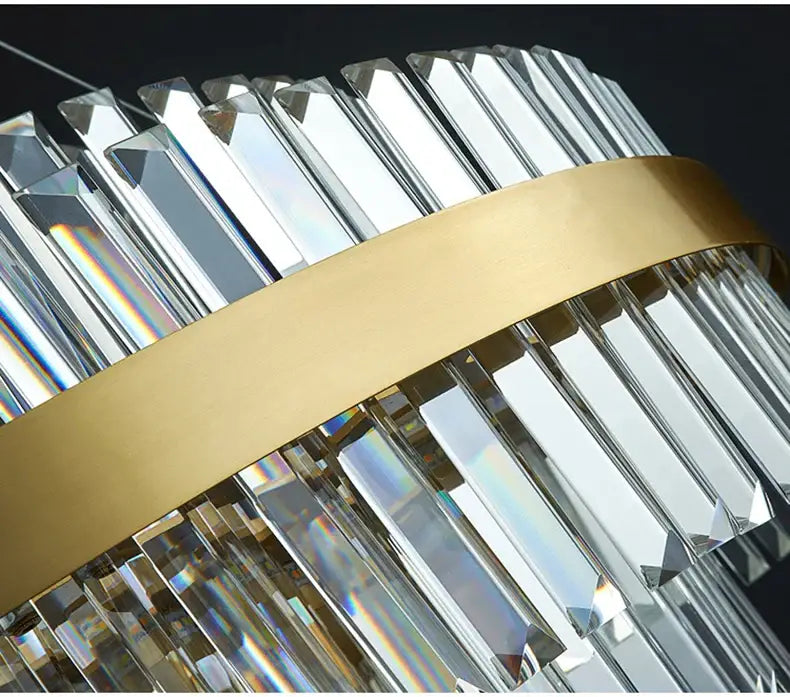 DecorBites™ luxury led crystal chandelier with faceted crystal rods and gold-toned band for elegant home decor