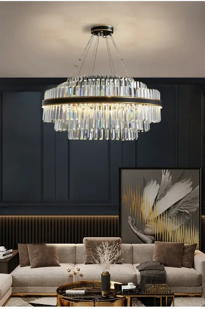 DecorBites luxury led crystal chandelier with sleek black metal frame and hanging chains for elegant home decor