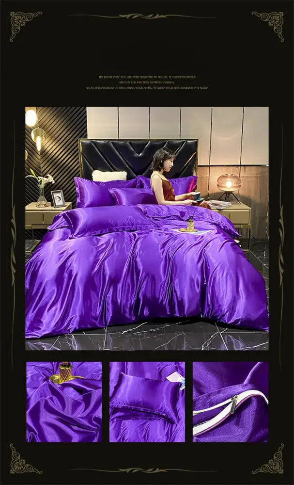 DecorBites luxury mulberry silk bedding set in vibrant purple with glossy finish includes duvet cover and pillowcases