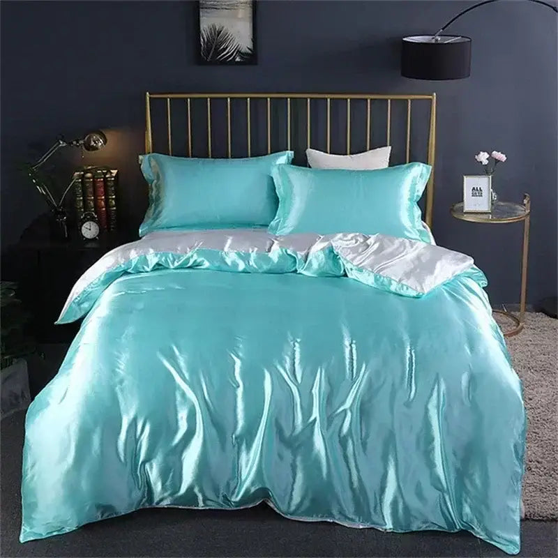 Decorbites luxury mulberry silk bedding set queen king size turquoise satin duvet cover with subtle silver trim
