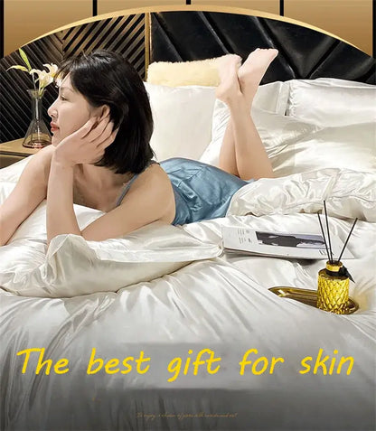 DecorBites luxury mulberry silk duvet cover in white satin with smooth glossy finish for queen and king bedding set
