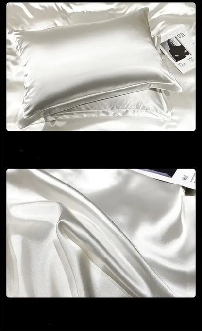 Decorbites™ luxury mulberry silk pillowcase with smooth white satin texture in queen king bedding set and duvet cover