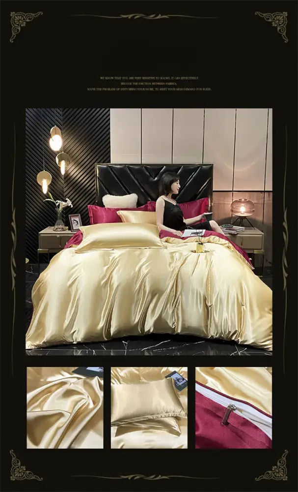 Luxurious gold satin mulberry silk duvet cover bedding set with matching and burgundy accent pillows on black tufted bed