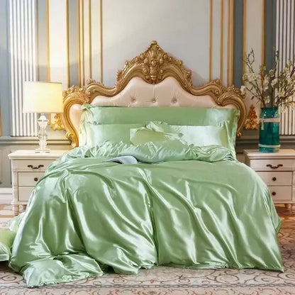 DecorBites luxury sage green mulberry silk bedding set with duvet cover and pillowcase on ornate gold headboard