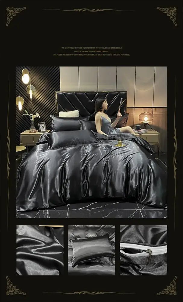 Black satin decorbites™ luxury mulberry silk bedding set with glossy duvet cover and smooth elegant sheen queen king size