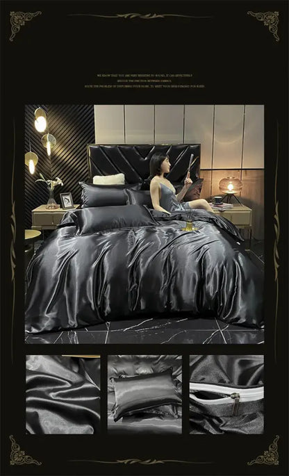 Black satin decorbites™ luxury mulberry silk bedding set with glossy duvet cover and smooth elegant sheen queen king size
