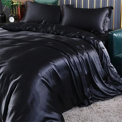 Decorbites luxury mulberry silk black satin duvet cover bedding set with smooth glossy finish and ruffled edges queen king size