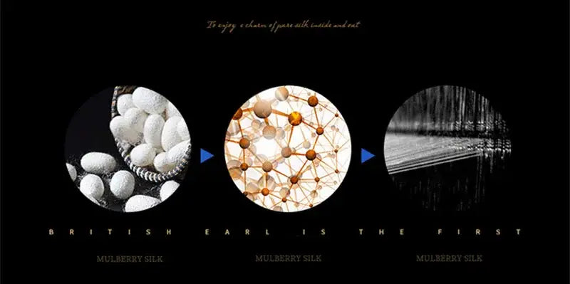 British earl mulberry silk duvet cover and bedding set in circular design with white silkworm cocoons and molecular structures