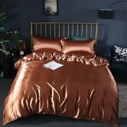 DecorBites™ luxury mulberry silk duvet cover set in copper satin with matching pcs fitted sheet for queen king size beds