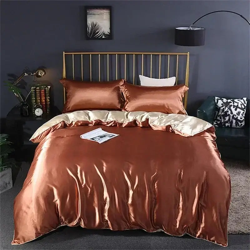 Copper satin duvet cover set with gold trim in DecorBites luxury mulberry silk bedding set queen king size