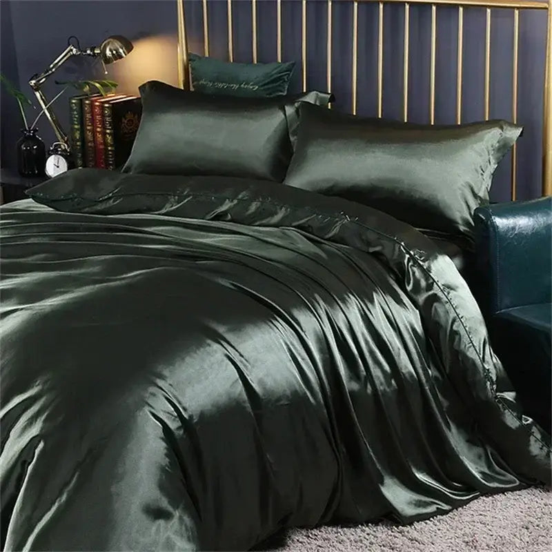 Dark green mulberry silk bedding set by DecorBites featuring a glossy duvet cover with smooth elegant folds