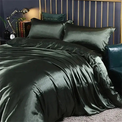 Dark green mulberry silk bedding set by DecorBites featuring a glossy duvet cover with smooth elegant folds