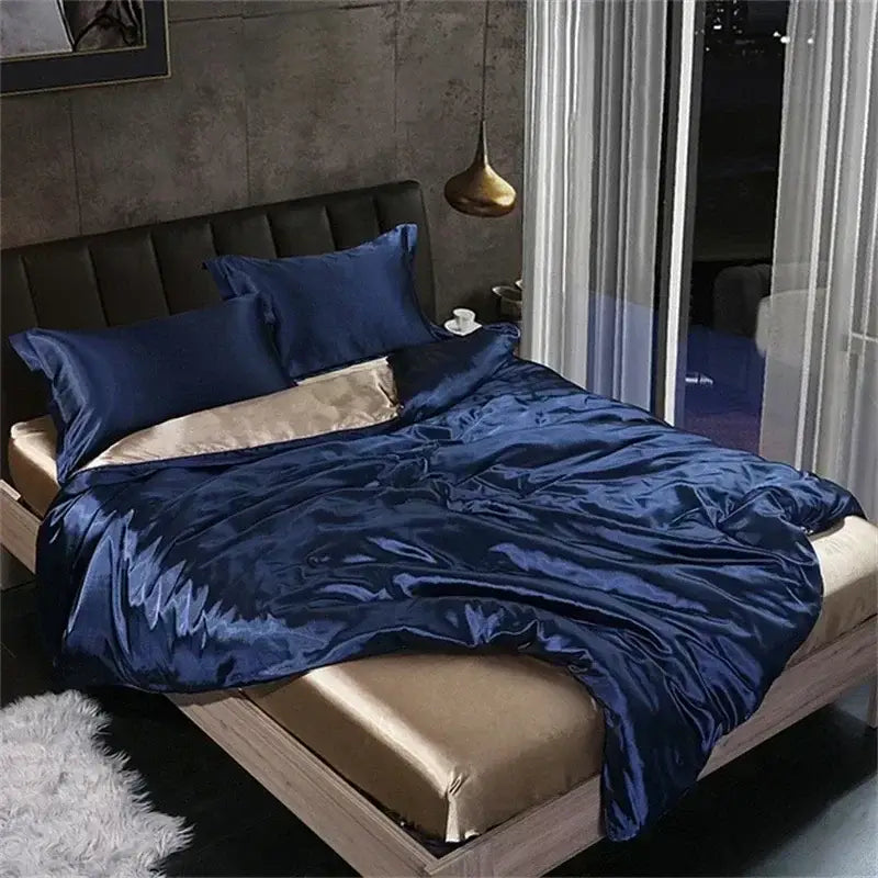 Decorbites luxury mulberry silk duvet cover bedding set in deep blue satin with gold trimmed inner lining for queen king size