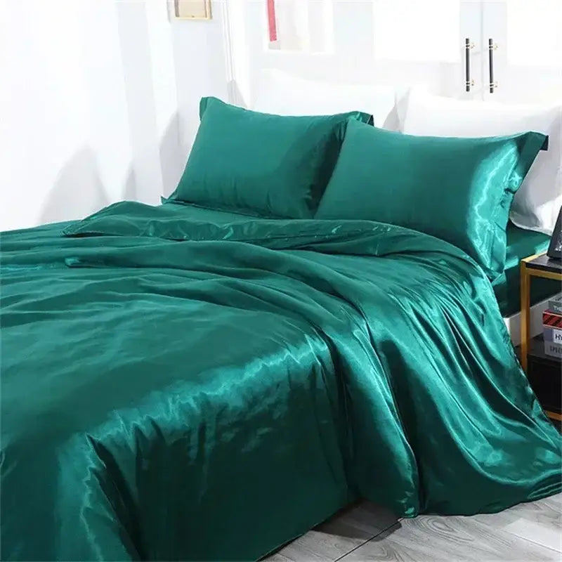 Emerald green satin duvet cover from decorbites luxury mulberry silk bedding set for queen or king size bed