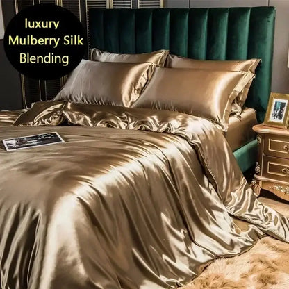 Glossy gold satin duvet cover bedding set with luxurious mulberry silk blend by decorbites luxury collection queen king size