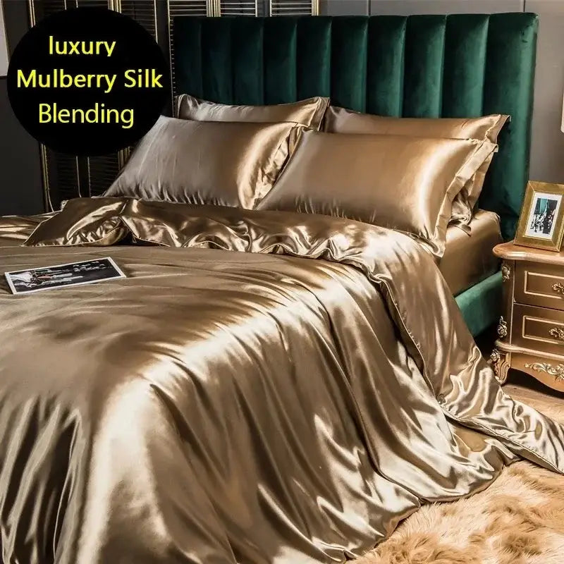 Glossy gold satin duvet cover from DecorBites luxury mulberry silk bedding set queen king size with silk blending finish