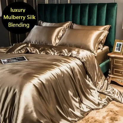 Glossy gold satin duvet cover from DecorBites luxury mulberry silk bedding set queen king size with silk blending finish