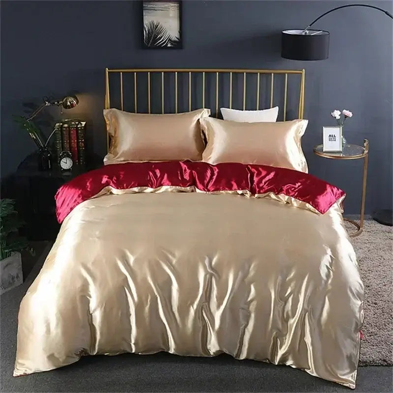 Decorbites™ luxury mulberry silk duvet cover bedding set in glossy champagne satin with deep red lining and matching pillows