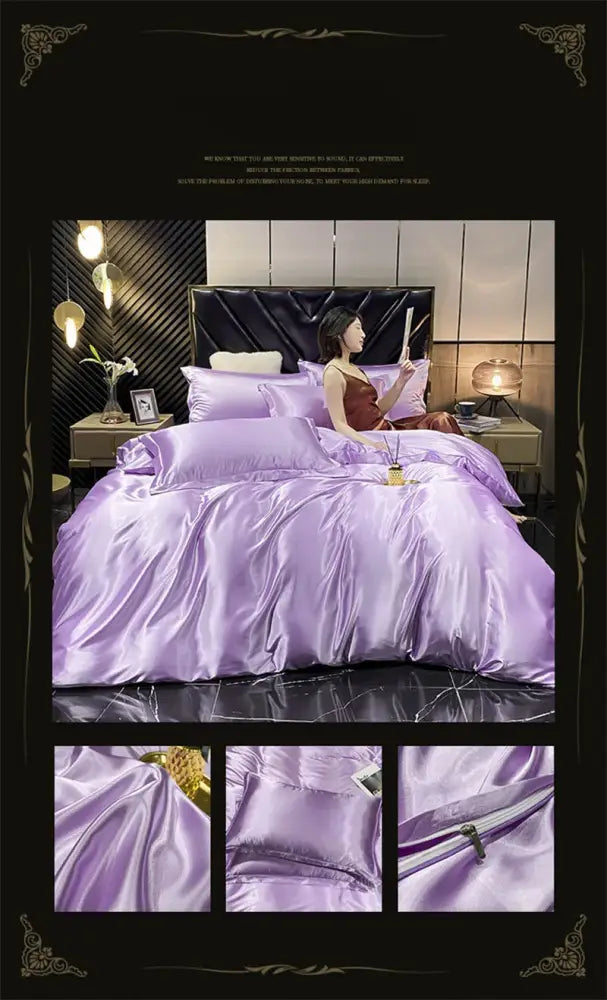 Lavender decorbites luxury mulberry silk bedding set with smooth glossy duvet cover and matching pillowcases queen king size