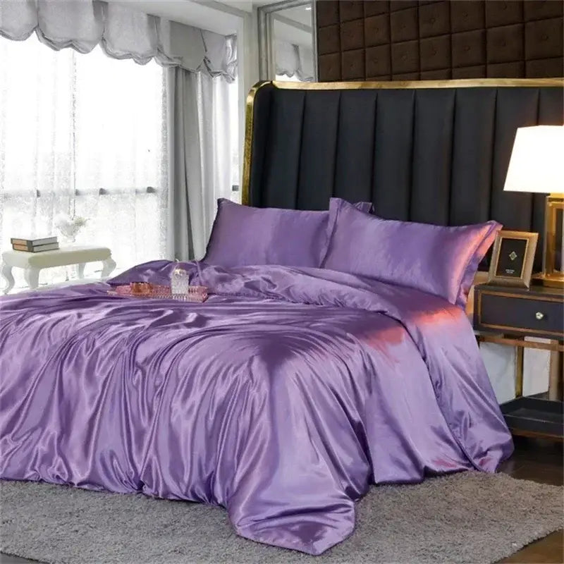 Lustrous purple satin duvet cover and pillows in decorbites luxury mulberry silk bedding set queen king size