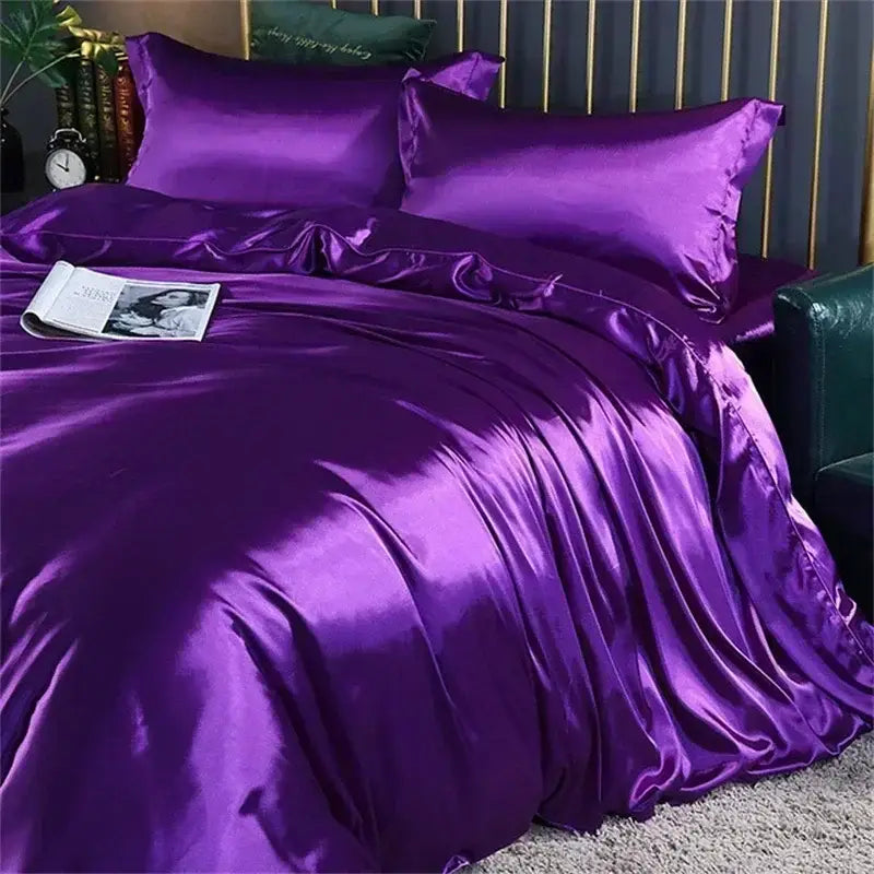 Decorbites luxury mulberry silk bedding set queen king size with lustrous purple satin duvet cover and smooth finish