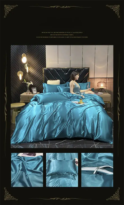 Luxurious teal satin mulberry silk bedding set with duvet cover zipper closure and matching pillowcases by decorbites