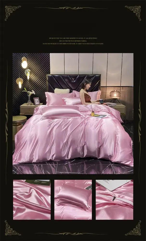 Decorbites™ luxury mulberry silk pink satin bedding set with duvet cover and matching pillows for queen or king size beds