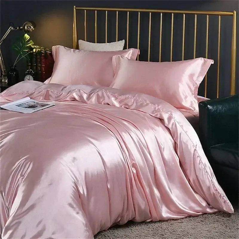 Decorbites™ luxury mulberry silk pink satin bedding set with glossy finish and ruffled edges for queen king size duvet cover