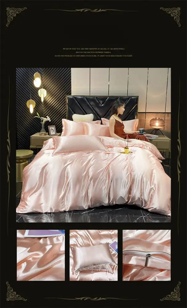Decorbites luxury mulberry silk pink satin bedding set queen king size with duvet cover and zipper closure