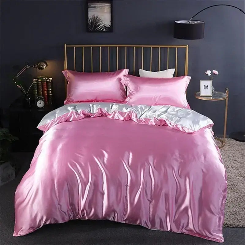 Pink satin duvet cover bedding set with silver accent trim from decorbites luxury mulberry silk collection queen king size
